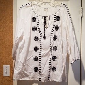 Venezia White Peasant Top with Black Embroidery